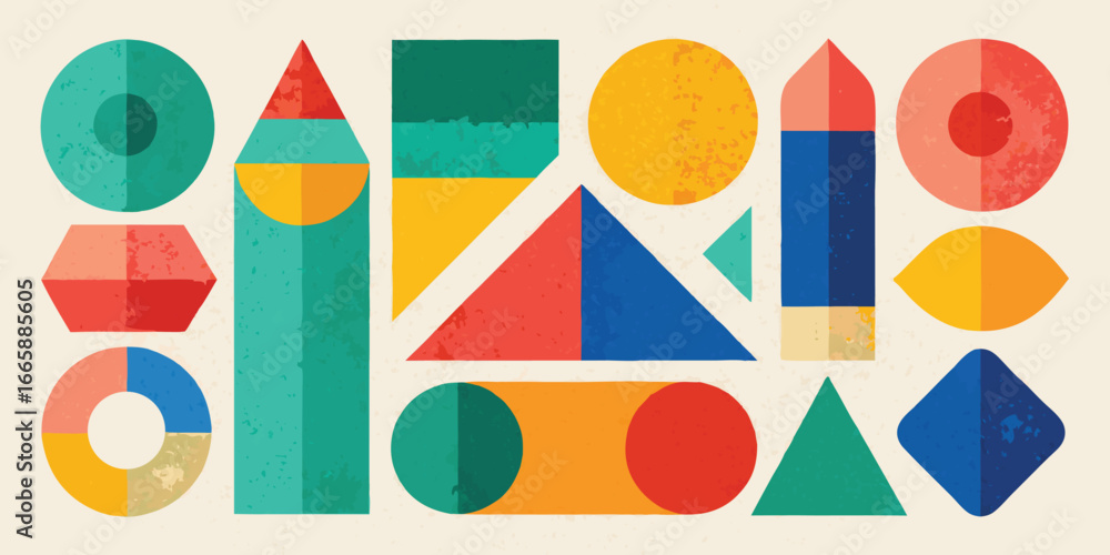 Poster geometric shapes composition in retro style with textured details circles triangles squares hexagons