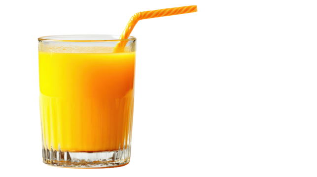 Fresh and vibrant orange juice in a clear glass with a straw, perfect for a refreshing drink on a sunny day.