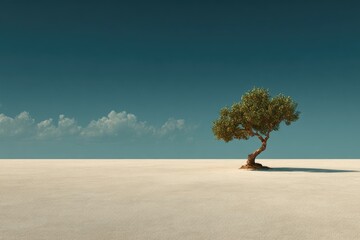 Solitary tree on a vast, sandy plain under a pale blue sky