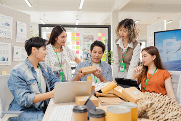 Creative ESG brainstorming session for earth friendly reuse recycle packaging campaign. Team develops viral environmental social impact strategy through sustainable innovation purpose driven marketing