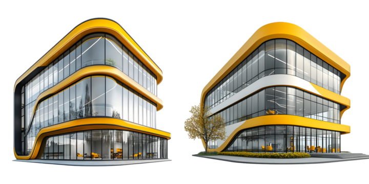 3D modern office building with yellow accents, large glass windows, and sleek curved roof. isolated on a transparent background - Powered by Adobe