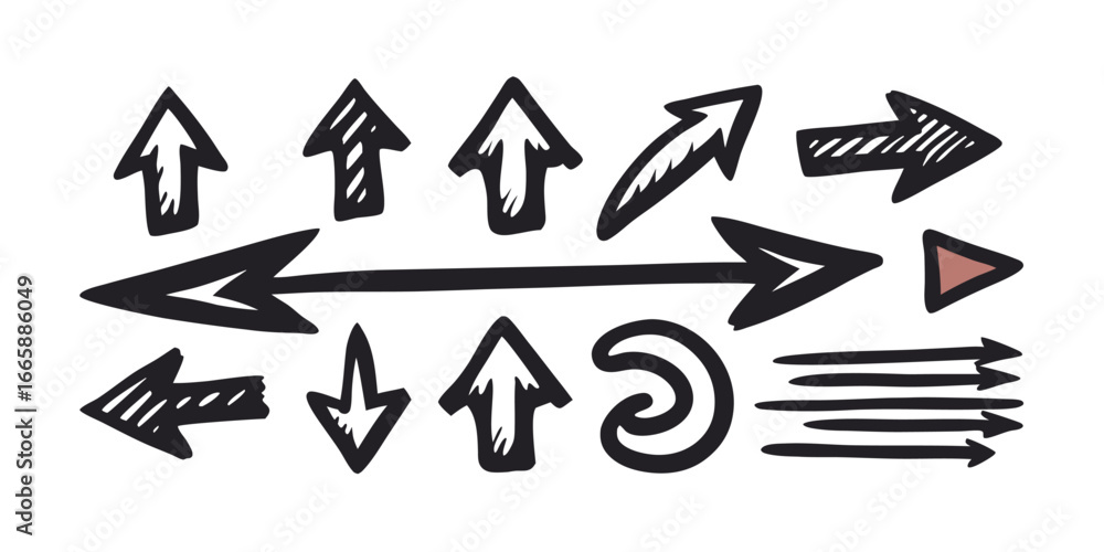 Poster Hand drawn arrows collection set for design elements directional signs and navigation graphics in different styles and shapes