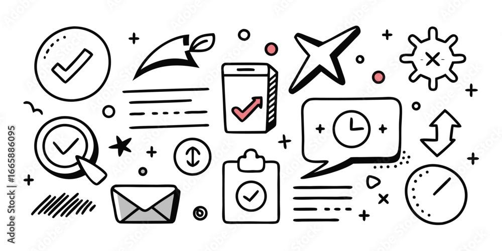 Poster hand drawn business workflow doodle vector illustration featuring checkmarks arrows and time indicat