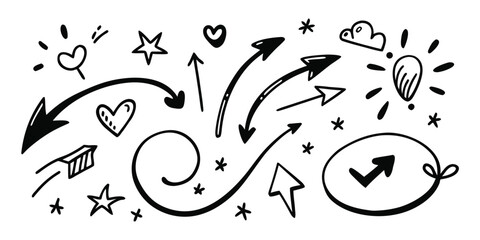 Hand drawn arrows stars hearts and idea bulb illustration set in doodle style isolated on white background creative design elements