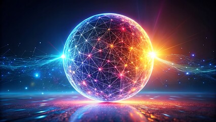 Bright neon 3d sphere in the space. Glowing particle 3d energy orb. Abstract technology, science, neural networks, and artificial intelligence. Virtual assistant concept.