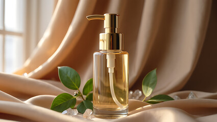 Naklejka premium Golden liquid dispenser with green leaves and crystals clear bottle amber liquid