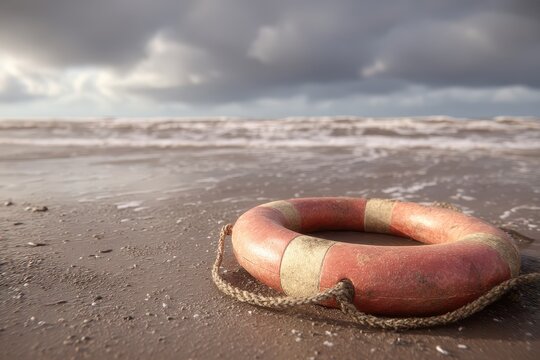 Life Preserver on Beach with Waves and Dramatic Sky in Background