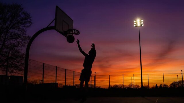 Man performing a powerful dunk at sunset on a basketball court  
