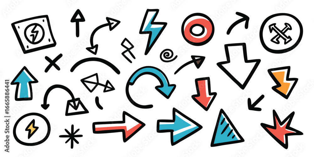 Poster hand drawn doodle set of arrows and symbols for graphic design and creative projects with a playful 