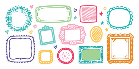 Hand drawn doodle frames collection in various shapes and colors featuring unique decorative elements on white background for graphic projects