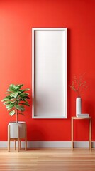 A stylish interior featuring a red wall, empty frame, and a modern, minimalist design.