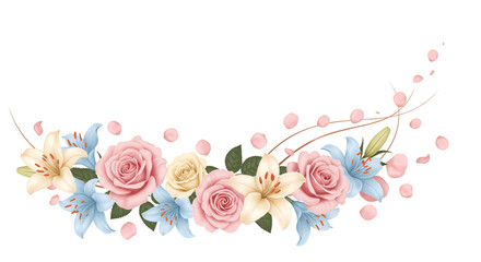 Elegant floral border with pink roses, cream lilies, and delicate blue blooms, perfect for wedding invitations, greeting cards, and romantic designs.isolated on white background