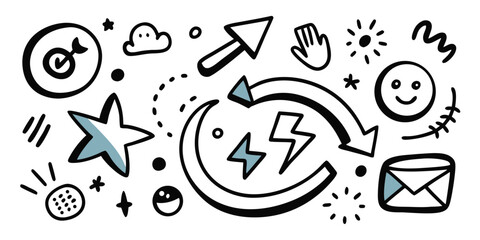 Hand drawn doodle vector elements and abstract shapes featuring stars arrows smileys and other fun graphics on a white background