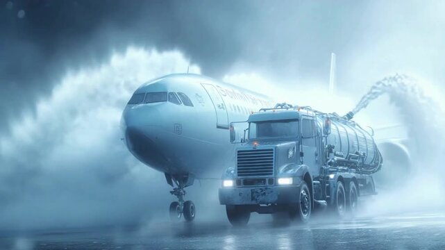 De-icing Airplane Preparing for Takeoff in a Winter Storm