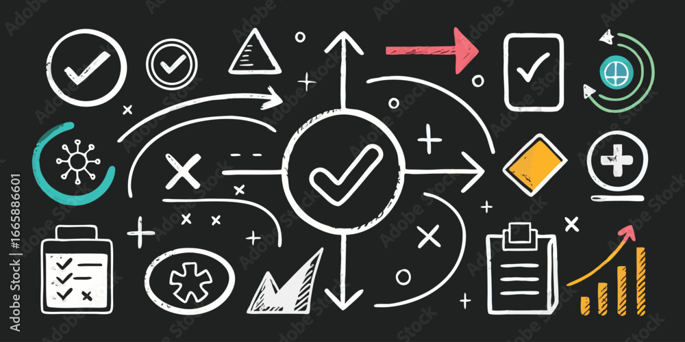 Poster hand drawn process diagram on background with arrows checkmarks and growth chart depicting business 