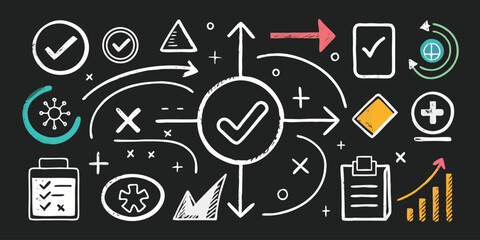 Hand drawn process diagram on background with arrows checkmarks and growth chart depicting business strategy
