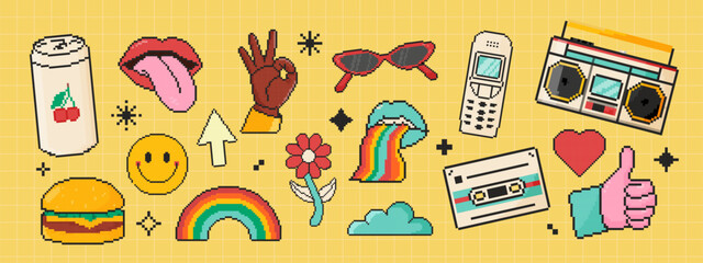 8 bit retro y2k elements icon set. Pixel art object. Retro 80s,90s video game graphics. Soda, lips, arrow, gesture, glasses, telephone.