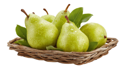 Fresh green pears in a wicker basket with leaves on a white isolated background.