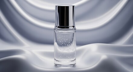 Serum bottle on a silky white background, product shot.