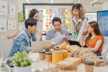 Creative ESG brainstorming session for earth friendly reuse recycle packaging campaign. Team develops viral environmental social impact strategy through sustainable innovation purpose driven marketing