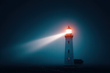 Fototapeta premium A lighthouse stands tall, shining its guiding light through the dark night sky over the ocean.