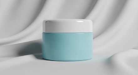 Light blue cosmetic jar with white lid on a white fabric background.