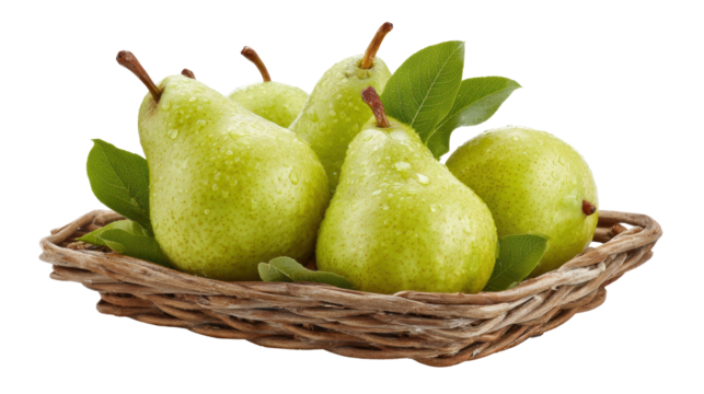 Fresh green pears in a wicker basket with leaves on a white isolated background.