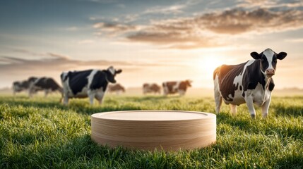 A tranquil farm scene with cows grazing peacefully in a green field during a sunset.