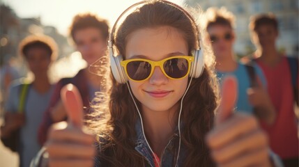summer holidays and teenage concept  teenage girl in sunglasses and headphones hanging out with friends outside and showing thumbs up no logos no brands ar 169