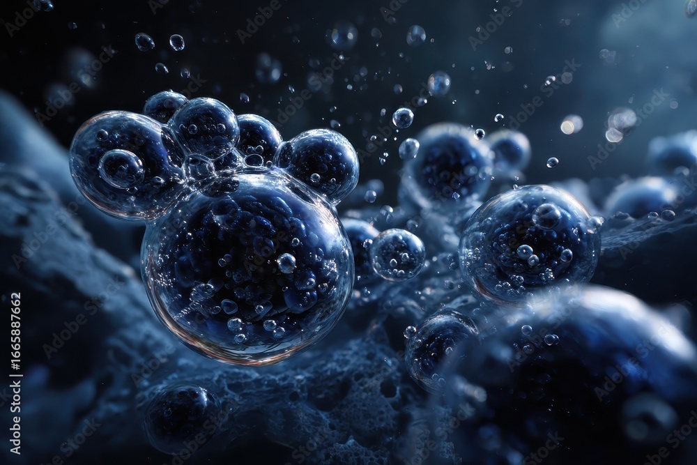 Poster abstract representation of oxygen bubbles in clear water, creating an underwater atmosphere with mes