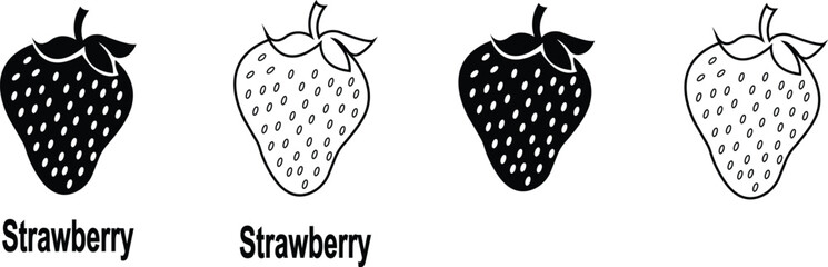 Strawberry icon set with solid black silhouette and outline vector illustration style. Collection of tropical fruit icons for food, nutrition, healthy eating, organic, vegan, vegetarian and diet desig