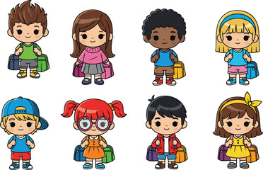 Cute cartoon school kids, diverse children characters, colorful backpack boys and girls, elementary students illustration, back to school vector, happy kids clipart design
