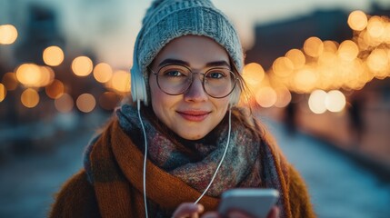 young beautiful woman using mobile phone at dusk in the city while listening music through earphones happy woman using smartphone to do a video call on a winter day while looking at camera no logos n