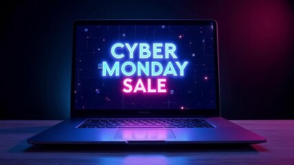 Dynamic Cyber Monday sale flashes on futuristic laptop screen, glowing dark neon background, 4k footage for digital marketing and tech promotions - Powered by Adobe
