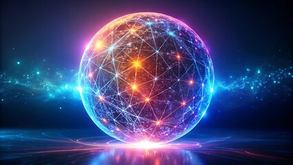 Obraz premium Bright neon 3d sphere in the space. Glowing particle 3d energy orb. Abstract technology, science, neural networks, and artificial intelligence. Virtual assistant concept.