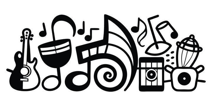 Musical instruments and notes and white graphic style doodle illustration decorative design ideal for music festival poster and concert announcement