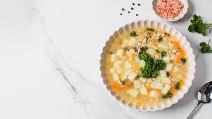 Delicious canned salmon fish soup with potatoes and parsley. Healthy food, recipes. Copy space