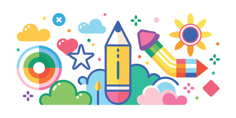 Playful abstract vector illustration with pencil rocket and clouds for creative designs and educational purposes,perfect for childrens projects