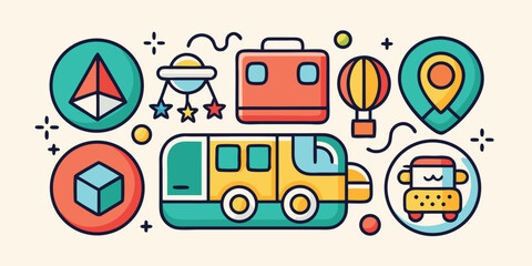 Playful and cartoon icons featuring geometric shapes and transportation elements for creative designs and illustrations