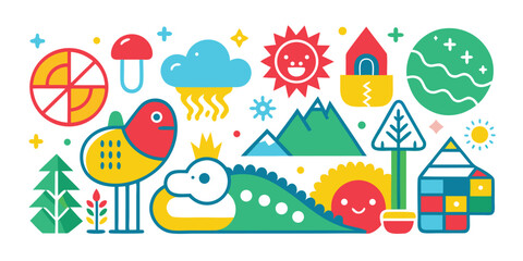 Playful and nature and wildlife illustration featuring whimsical bird,duck,sun,mountains and landscape elements on a white background