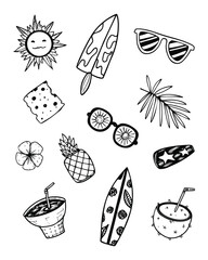 Hand drawn beach and summer atmosphere icon set illustration collection