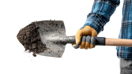 Gardening shovel with dirt in a gloved hand, white isolate background.