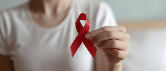 The Red Ribbon Symbol for Health Awareness and HIV Support Held Close