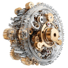 Detailed close-up of a transparent mechanism, showcasing intricate gears and components