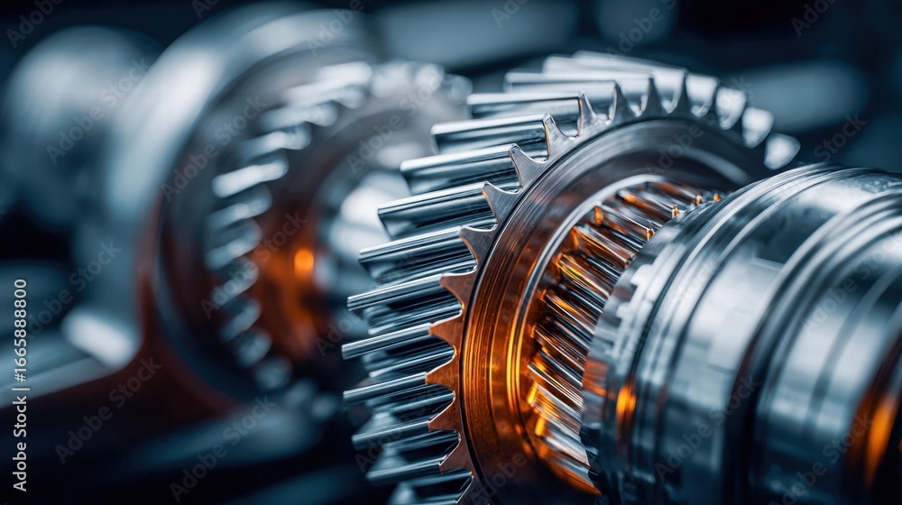 Poster metal gears in a machine interlock in this macro shot, showcasing intricate engineering details.