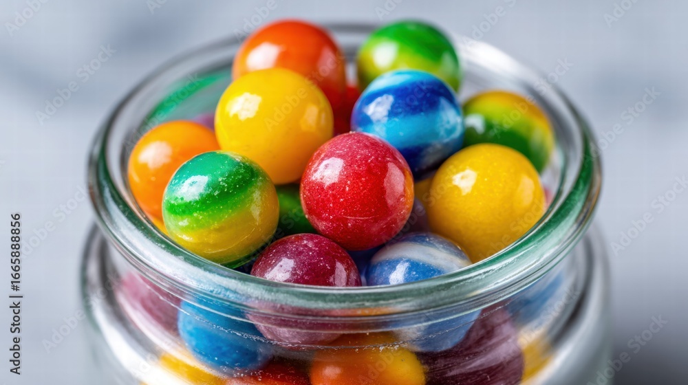 Aufkleber close-up of a jar filled with a variety of colorful gumballs, creating a vivid and enticing display.