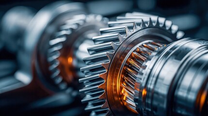 Metal gears in a machine interlock in this macro shot, showcasing intricate engineering details.
