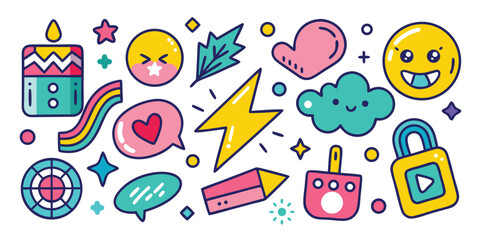 Playful doodle illustration of cute elements icons and graphic shapes for social media templates and sticker designs with bright colors
