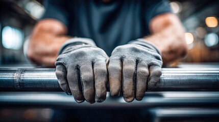 Hands in work gloves resting on metal in an industrial setting, representing manual labor.