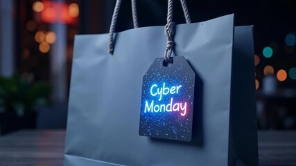 Stunning holographic Cyber Monday shopping bag pulses with vibrant digital energy, perfect for holiday sales promotions and tech-focused retail campaigns. - Powered by Adobe